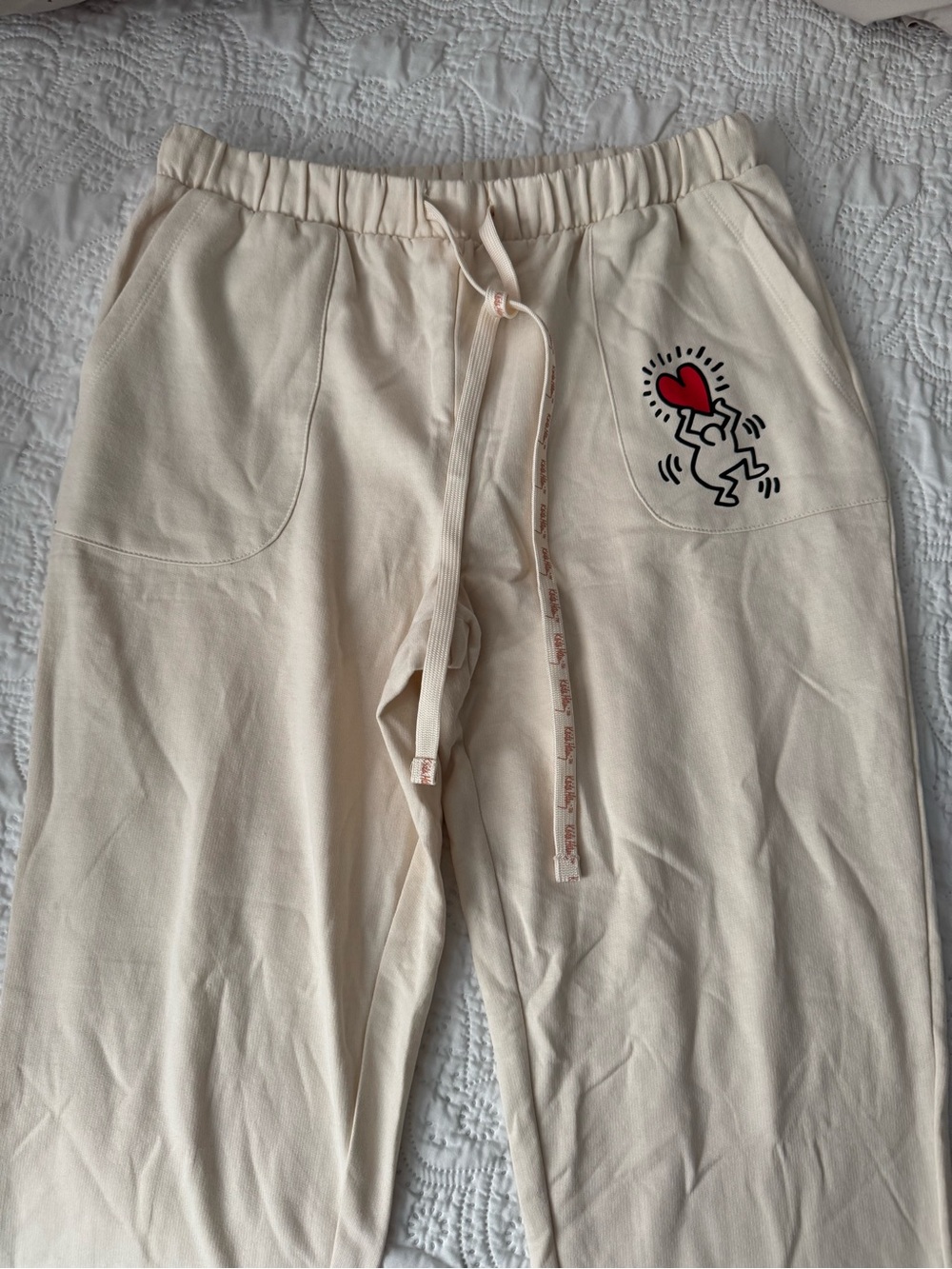 Keith Haring Cream Sweatpants with Heart Graphic